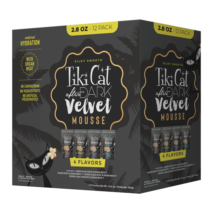 Tiki Cat After Dark, Velvet Mousse, Chicken & Beef Recipe in Chicken Broth, Grain & Potato Free Formula, with High Protein & Nutrient Dense Blended Irresistible Organ Meat, 2.8 oz. Pouch (Pack of 12)