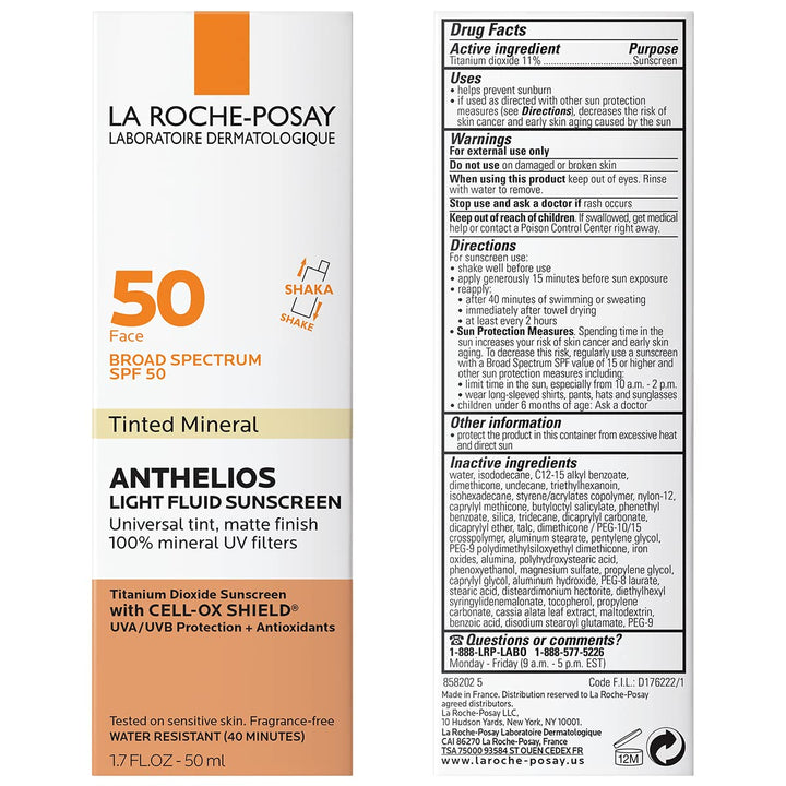 La Roche-Posay Anthelios Tinted Sunscreen SPF 50, Ultra-Light Fluid Broad Spectrum SPF 50, Face Sunscreen with Titanium Dioxide Mineral, Universal Tint, Oil-Free 2.4 Ounce (Pack of 2)