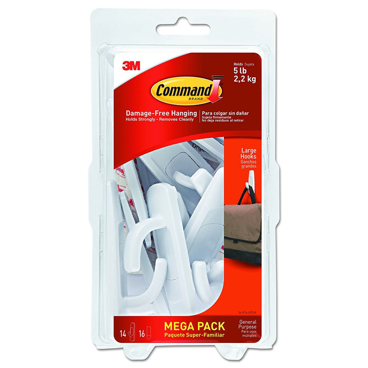 Command Large Utility Hooks, Damage Free Hanging Wall Hooks with Adhesive Strips, No Tools Wall Hooks for Hanging Decorations in Living Spaces, 14 White Hooks and 16 Command Strips 14 Hooks