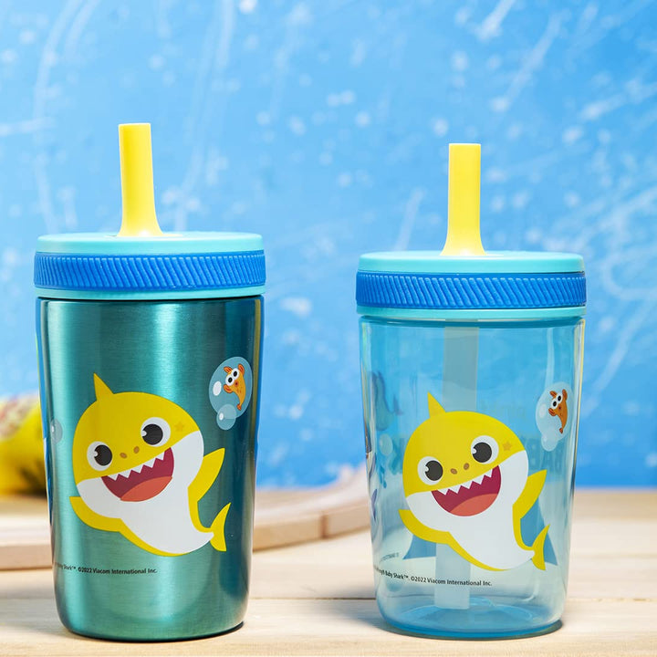 Zak Designs Baby Shark Kelso Tumbler Set, Leak-Proof Screw-On Lid with Straw, Bundle for Kids Includes Plastic and Stainless Steel Cups with Bonus Sipper (3pc Set, Non-BPA)15 fl oz. Classic