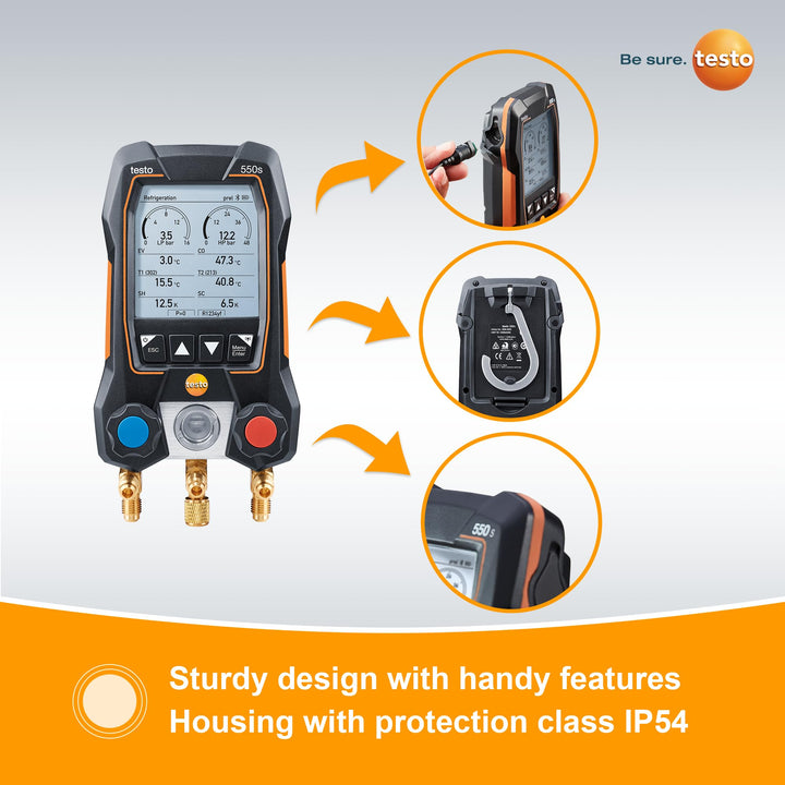 Testo 550s AC Manifold Gauge Set – Manifold Gauges Hvac and Refrigeration – Incl. 2x testo 115i Pipe Clamp Thermometer, 1x testo 552i Micron Gauge - AC Recharge Kit, AC Gauge Set with Bluetooth Vacuum Kit Digital Manifold