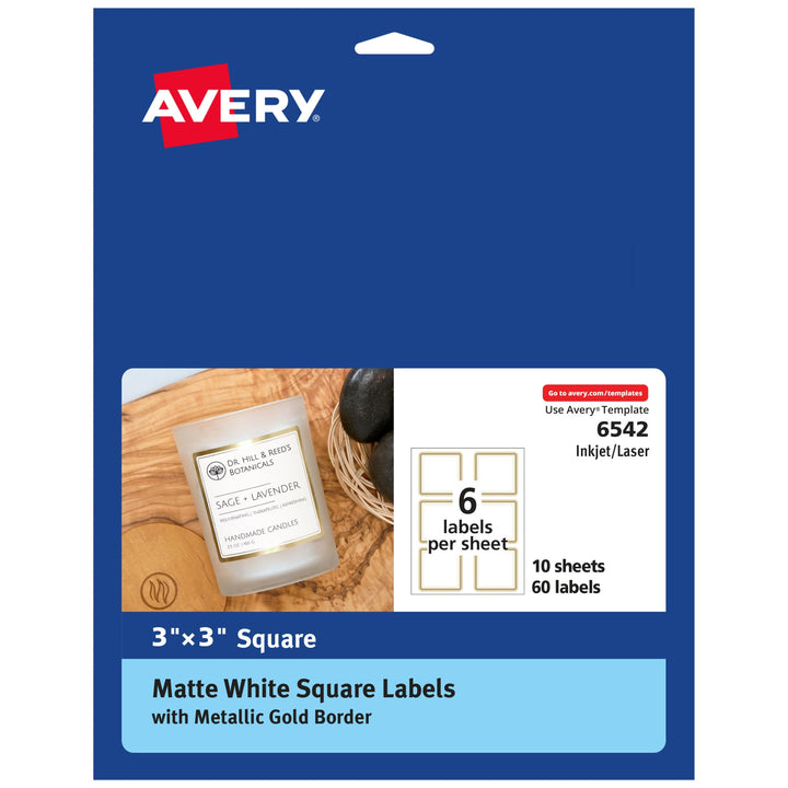 Avery Matte White Labels with Metallic Gold Borders, 3" x 3" Square Labels, 60 Total, Laser/Inkjet Printable Labels (6542) 3" x 3" 60 labels White/Gold