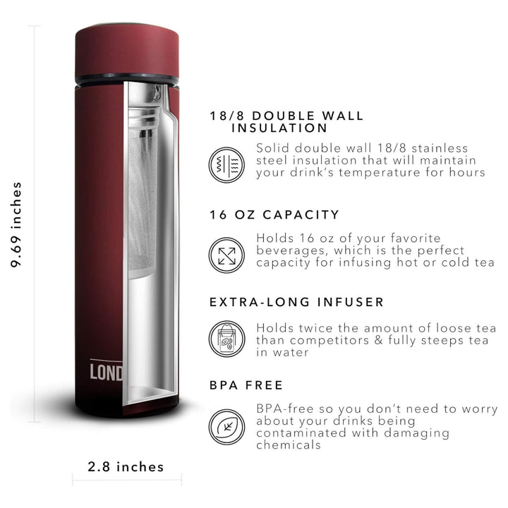 London Sip Multi-Purpose Travel Mug and Tumbler Fruit Infused Flask Hot and Cold Double Wall Stainless Steel Thermos with Extra-Long Infuser, Sacred Red 16.9 Ounces