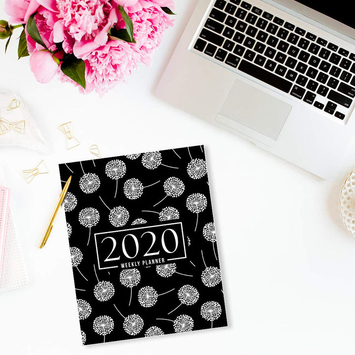 2020 Weekly Planner: January 1, 2020 to December 31, 2020: Weekly & Monthly View Planner, Organizer & Diary: White Dandelions on Black 760-3