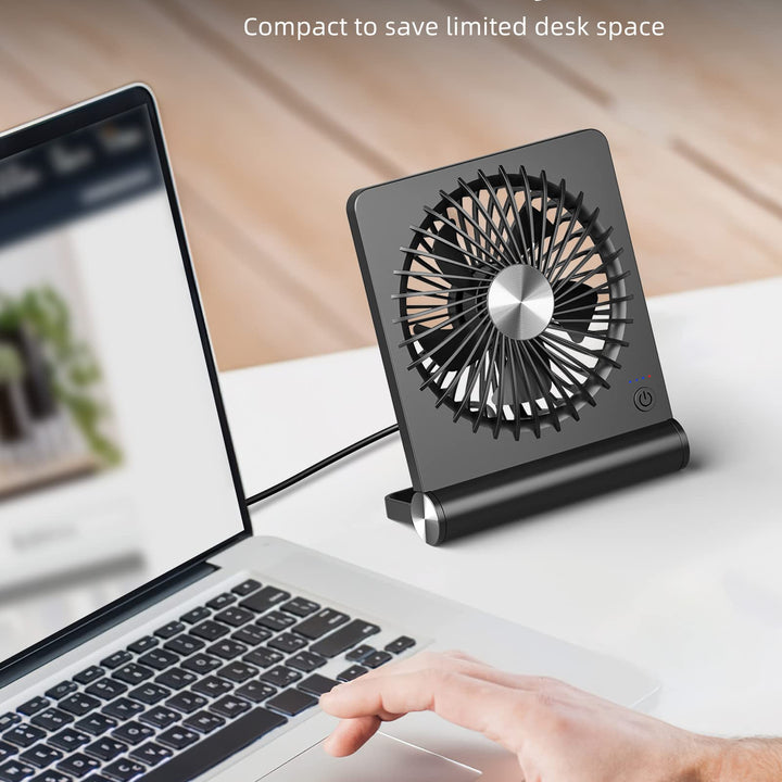 Koonie USB Fan, Strong Wind Ultra Quiet Small Desk Fan 220° Tilt Folding 3 Speeds Adjustable USB-C Corded Powered Personal Fan for Home Office Desktop Black Black without Battery 5.7in