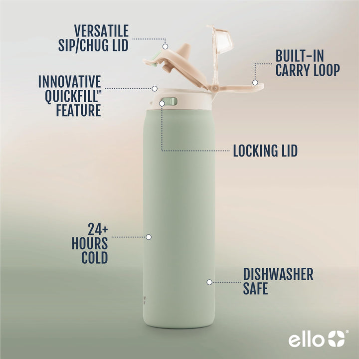 Ello Pop & Fill Stainless Steel Water Bottle with QuickFill Technology | Double Walled Vacuum Insulated Metal | Leak Proof Locking Lid | Sip and Chug | Reusable BPA Free | 22oz, 32oz Pistachio