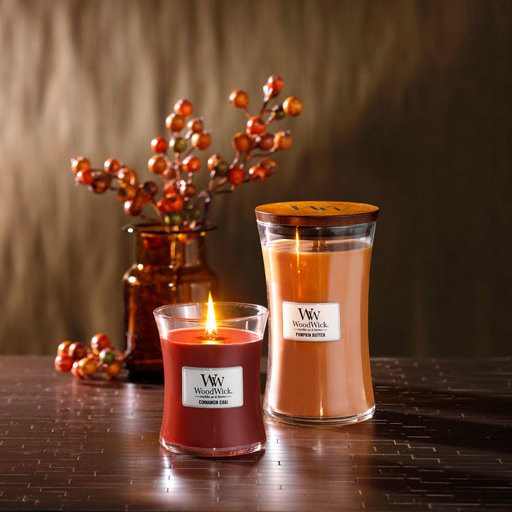 WoodWick Medium Hourglass Candle, Cinnamon Chai - Premium Soy Blend Wax, Pluswick Innovation Wood Wick, Made in USA