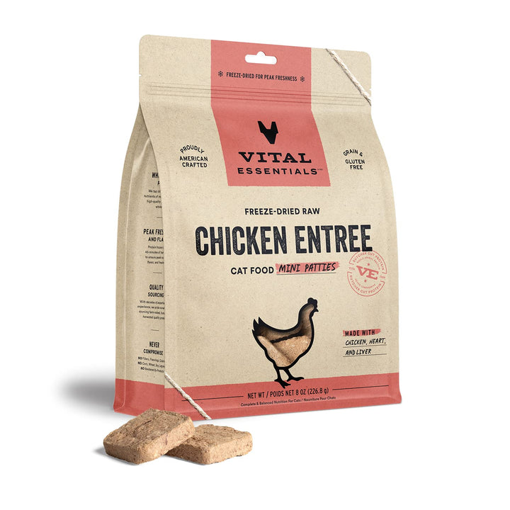 Vital Essentials Freeze Dried Raw Cat Food, Chicken Mini Patties Entree, 8 oz