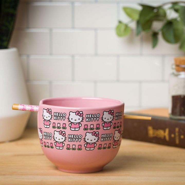 Silver Buffalo Sanrio Hello Kitty Flowers Pattern Ceramic Ramen Noodle Rice Bowl with Chopsticks, Microwave Safe, 20 Ounces