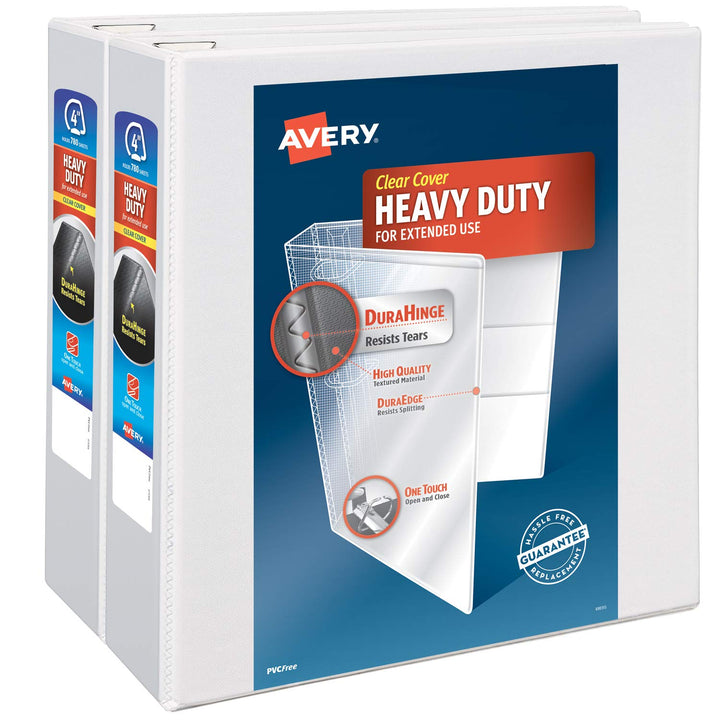 Avery Heavy Duty View 3 Ring Binder, 4" One Touch Slant Ring, Holds 8.5" x 11" Paper, 2 White Binders (79875) 2 pack 4"