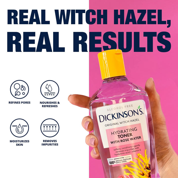 Dickinson's Enhanced Witch Hazel Hydrating Toner with Rosewater, Alcohol Free, 98% Natural Formula, 16 Fl Oz (Pack of 1)