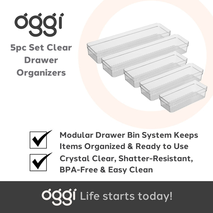 Oggi Set of 5 Clear Drawer Organizers - (1) 3x6.25, (2) 3x9.5, (2) 3x12.5 - Ideal for Organizing Kitchen Drawers, Office, Desk, Silverware, Kitchen Utensils, Cosmetics and Bathrooms