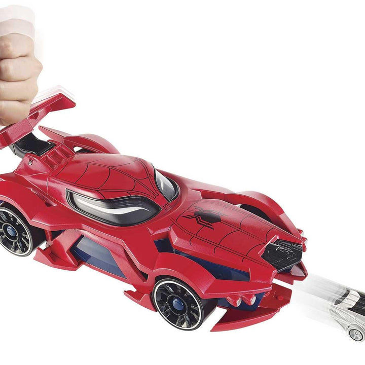 Hot Wheels Marvel Spider-Man Web-Car Launcher with Movement-Activated Eyes & 1:64 Scale Toy Character Car (Exclusive)