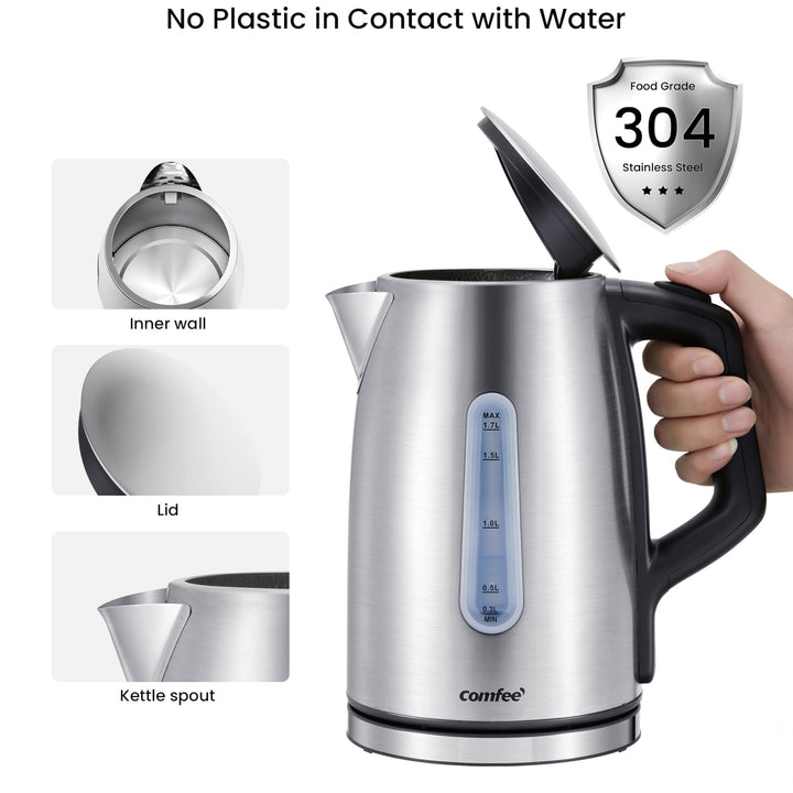 COMFEE' Stainless Steel Electric Kettle, 1.7 Liter Tea Kettle Electric & Hot Water Kettle, 1500W Fast Boil with LED Light, Auto Shut-Off and Boil-Dry Protection 1.8 Quarts