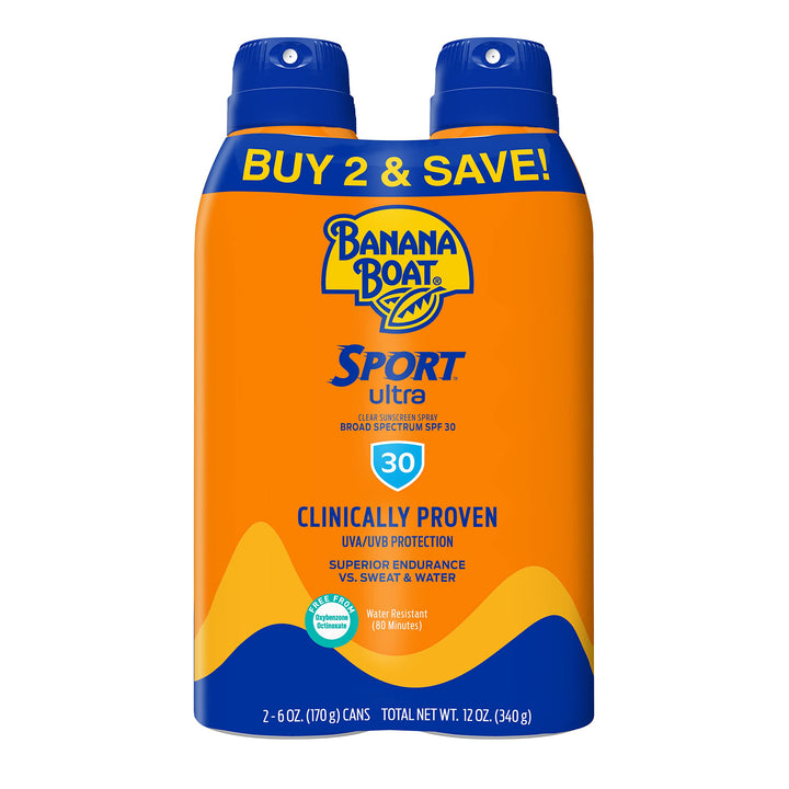 Banana Boat Sport Ultra SPF 30 Sunscreen Spray Twin Pack | Banana Boat Sunscreen Spray SPF 30, Spray On Sunscreen, Water Resistant Sunscreen, Oxybenzone Free Sunscreen Pack, 6oz each 6 Ounce (Pack of 2)