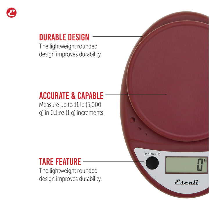 Escali Primo Digital Food Scale Multi-Functional Kitchen Scale and Baking Scale for Precise Weight Measuring and Portion Control, 8.5 x 6 x 1.5 inches, Warm Red