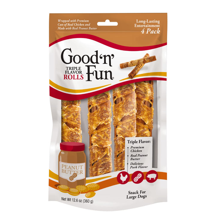 Good ’n’ Fun Triple Flavor Large Rolls, 4 Count, Rawhide Chews for All Dogs Beef 12.6 Ounce (Pack of 1)