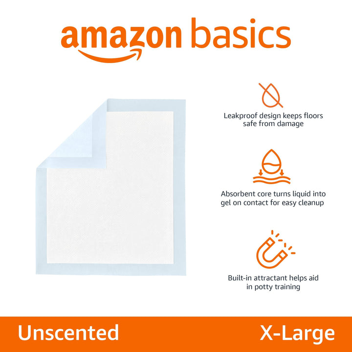 Basics Absorbent Dog and Puppy Pee Pads with 5-Layer Leak-Proof Design and Quick-Dry Surface for Potty Training, Heavy Duty Absorbency, Giant, 27.5 x 44 Inch - Pack of 30, Blue & White Giant (30 Count)