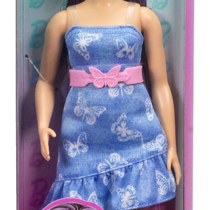 Barbie Fashionistas Doll #231 with Purple Hair, Wearing Strapless Denim Butterfly-Print Dress with Pink Belt and Boots