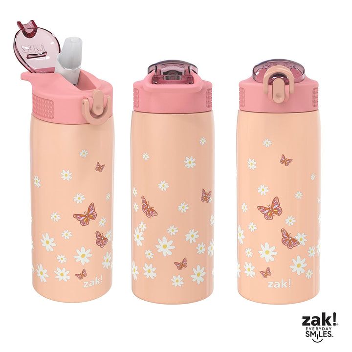 Zak Designs Water Bottle for Travel and At Home, 19 oz Vacuum Insulated Stainless Steel with Locking Spout Cover, Built-In Carrying Loop, Leak-Proof Design (Daisies) Daisies