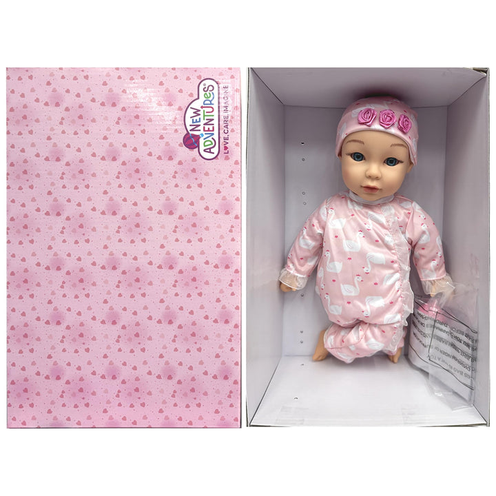 New Adventures Little Darlings: 14" Kiss N Tickles Baby Doll - Pink, White, Swan - Soft Body, Sounds, Light Up Cheek, Accessories, Toddler Kid Age 2+