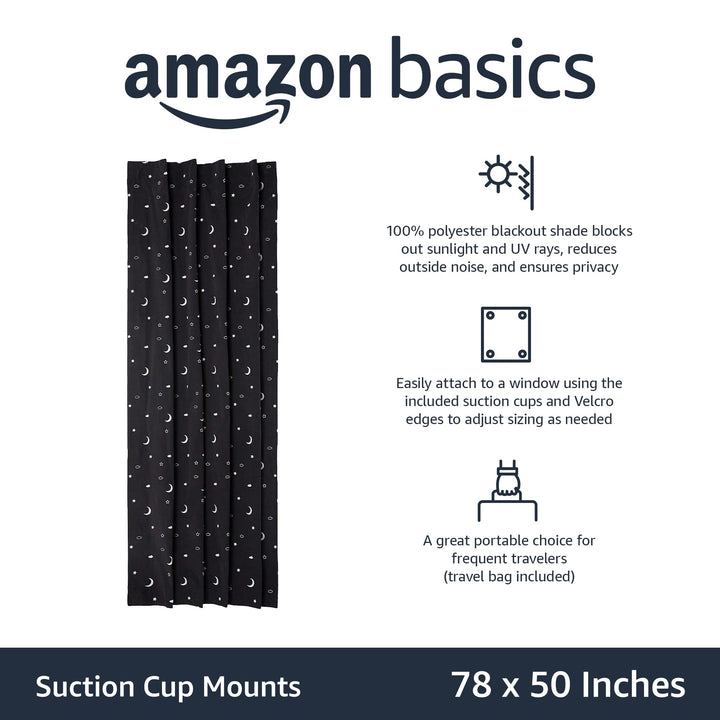 Basics Portable Travel Window Blackout Curtain Shades with Suction Cups-Black, 1-Pack, 78 by 50 inches - 1 Pack, Moon and Stars