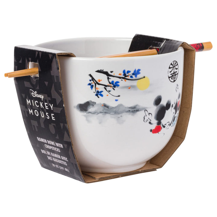 Silver Buffalo Disney Mickey and Minnie Watercolor Watching the Sunset Ceramic Ramen Noodle Rice Bowl with Chopsticks, Microwave Safe, 20 Ounces Cartoon