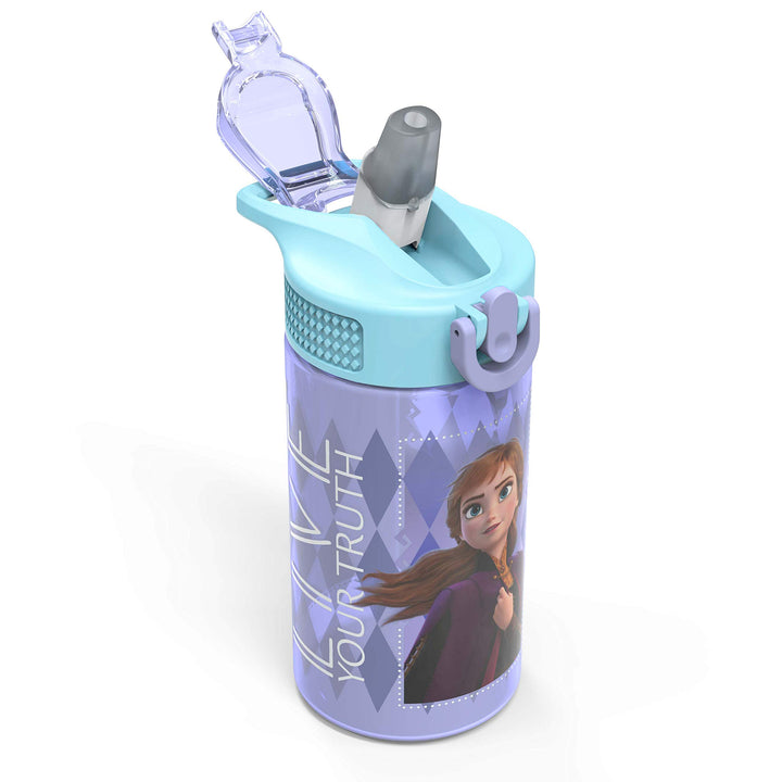 Zak Designs Disney Frozen 2 Kids Water Bottle Set with Reusable Straws and Built in Carrying Loops, Made of Plastic, Leak-Proof Designs 16 oz, BPA-Free, 2pc Set, Elsa & Anna (Frozen 2)