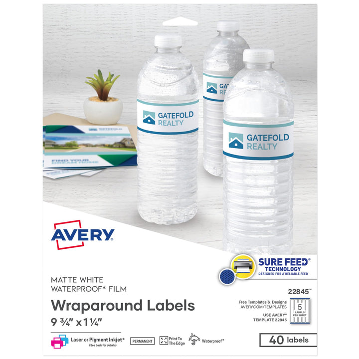 Avery Durable Waterproof Wraparound Rectangle Labels with Sure Feed Technology, 1.25" x 9.75", Matte White, Laser/Pigment-Inkjet, 40 Customizable Labels (22845)