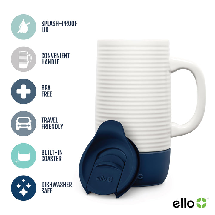 Ello Jane 18oz Ceramic Travel Mug with Handle, Splash-Resistant Slider Lid and Built-in Coaster, Perfect for Coffee and Tea, BPA Free, Dishwasher Safe Midnight