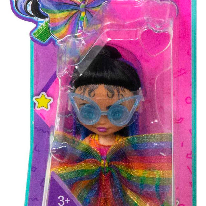 Barbie Extra Mini Minis with Blue-Streaked Black Ponytail Wearing Rainbow Dress & Accessories & Stand, 3.25-inch 3.25 inch