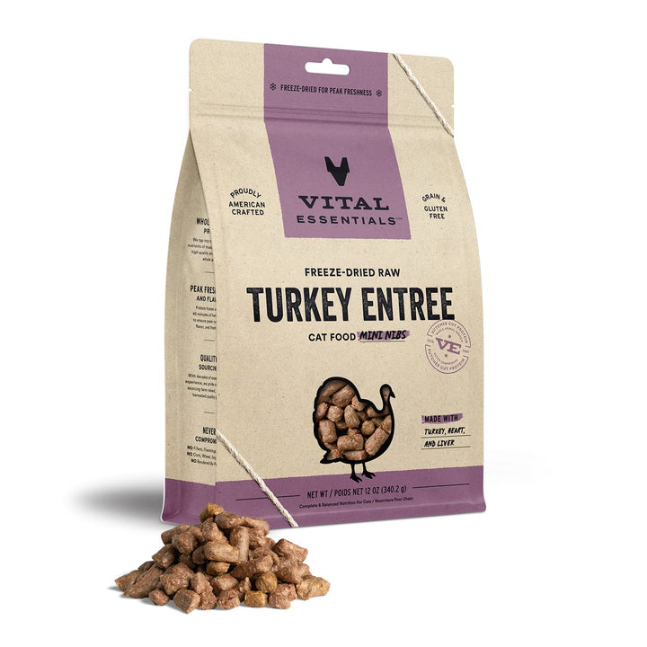 Vital Essentials Freeze Dried Raw Cat Food, Turkey Mini Nibs Entree, 12 oz