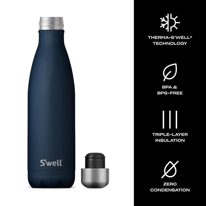 S'well Stainless Steel Water Bottle, 17oz, Azurite, Triple Layered Vacuum Insulated Containers Keeps Drinks Cold for 36 Hours and Hot for 18, BPA Free, Perfect for On the Go