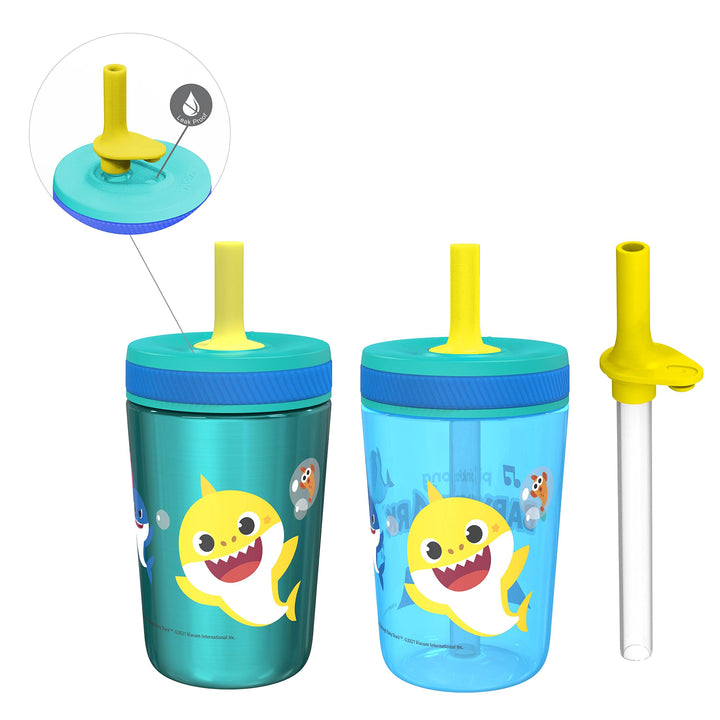 Zak Designs Baby Shark Kelso Tumbler Set, Leak-Proof Screw-On Lid with Straw, Bundle for Kids Includes Plastic and Stainless Steel Cups with Bonus Sipper (3pc Set, Non-BPA)15 fl oz. Classic