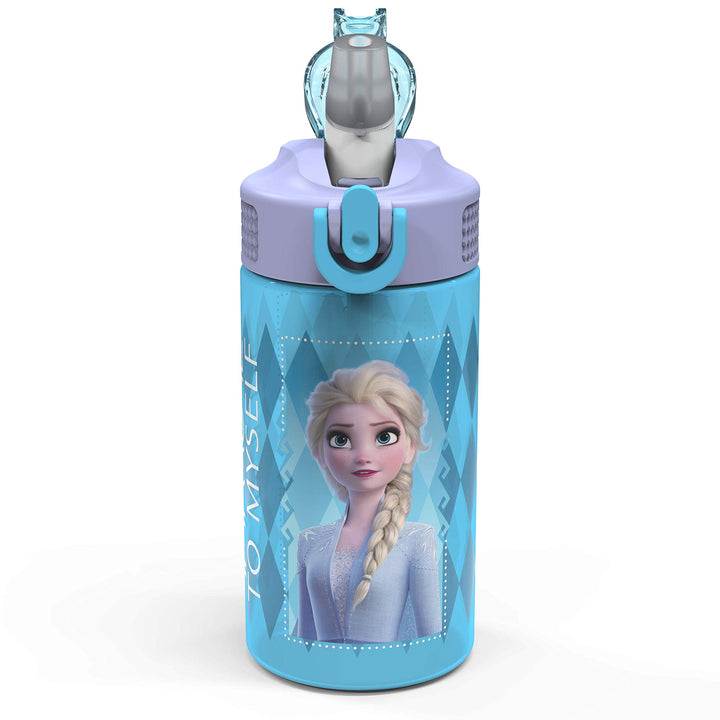 Zak Designs Disney Frozen 2 Kids Water Bottle Set with Reusable Straws and Built in Carrying Loops, Made of Plastic, Leak-Proof Designs 16 oz, BPA-Free, 2pc Set, Elsa & Anna (Frozen 2)