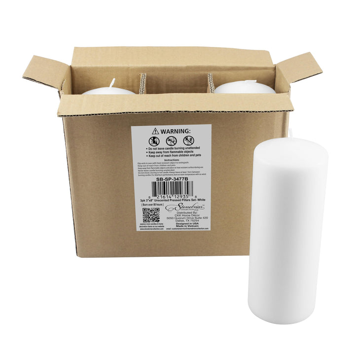 Stonebriar 3 Pack Tall 3 x 6 Inch 65 Hour Long Burning Unscented White Wax Pillar Candles 3x6 3.0