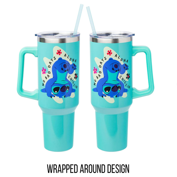 Silver Buffalo Disney Lilo and Stitch Aloha No Bad Days Chillin’ Stainless Steel Tumbler with Handle and Straw, Fits in Standard Cup Holder, 40 Ounces