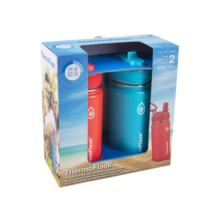 ThermoFlask 16 oz Double Wall Vacuum Insulated Stainless Steel 2-Pack of Water Bottles, Red/Blue THERMOS