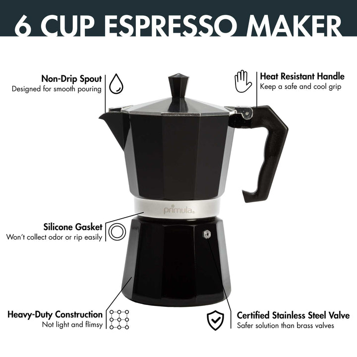 Primula Classic Stovetop Espresso and Coffee Maker, Moka Pot for Italian and Cuban Café Brewing, Greca Coffee Maker, Cafeteras, 6 Espresso Cups, Black 6 Cup