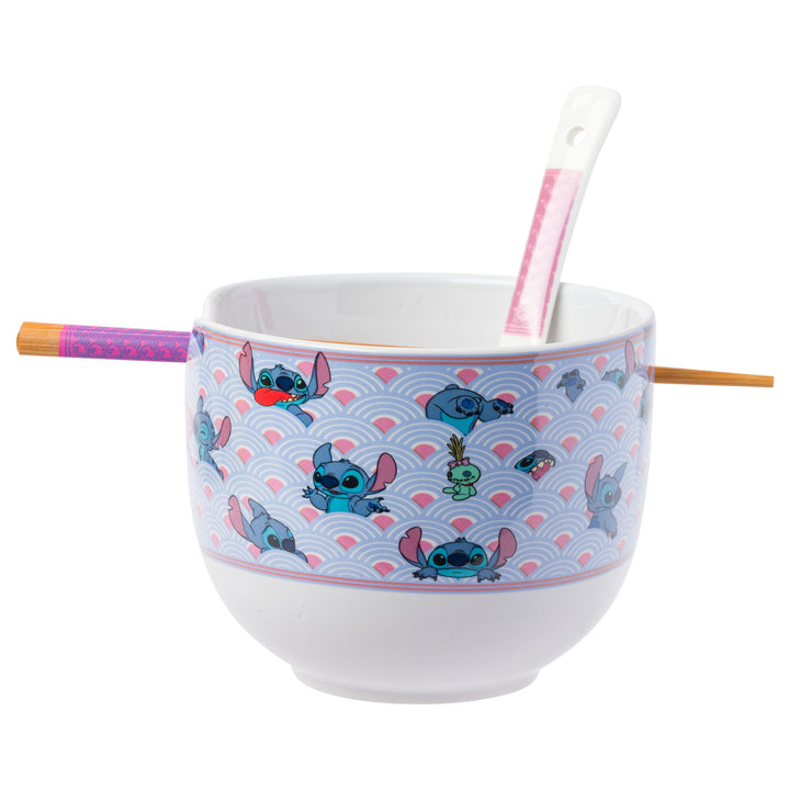 Silver Buffalo Lilo and Stitch Waves Ceramic Ramen Bowl with Chopsticks and Spoon, 20 Ounces, Blue/Multi Cartoon