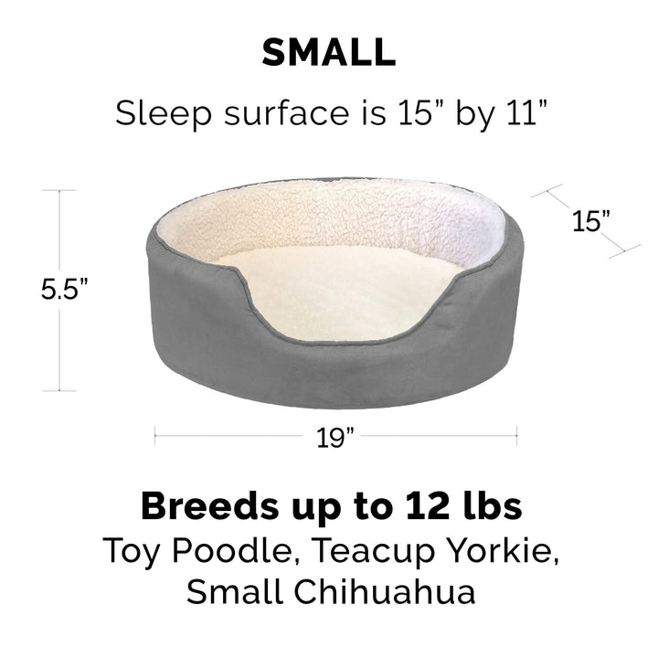 Furhaven Orthopedic Dog Bed for Small Dogs w/ Removable Washable Cover, For Dogs Up to 12 lbs - Sherpa & Suede Oval Lounger - Gray, Small Oval (Orthopedic Base) 19.0"L x 15.0"W x 5.5"Th Sherpa & Suede Gray