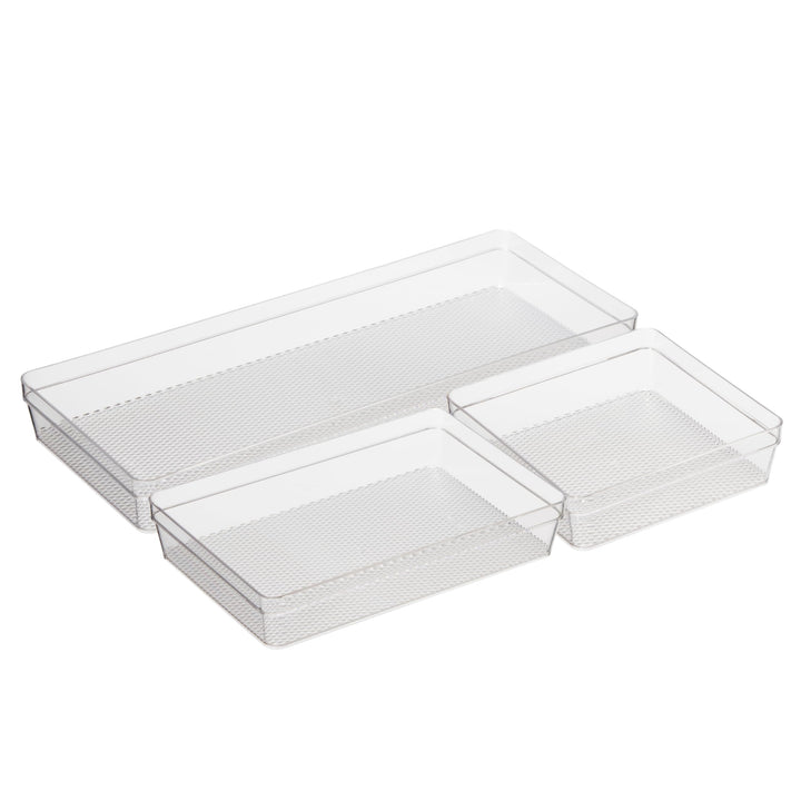 Oggi Set of 3 Clear Drawer Organizers - (1) 6x6.25, (1) 6.25x9.25, (1) 6.25x15.75 - Ideal for Organizing Kitchen Drawers, Office, Desk, Silverware, Kitchen Utensils, Cosmetics and Bathrooms