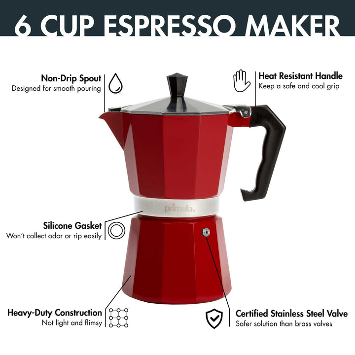 Primula Classic Stovetop Espresso and Coffee Maker, Moka Pot for Italian and Cuban Café Brewing, Greca Coffee Maker, Cafeteras, 6 Espresso Cups, Red 6 Cup