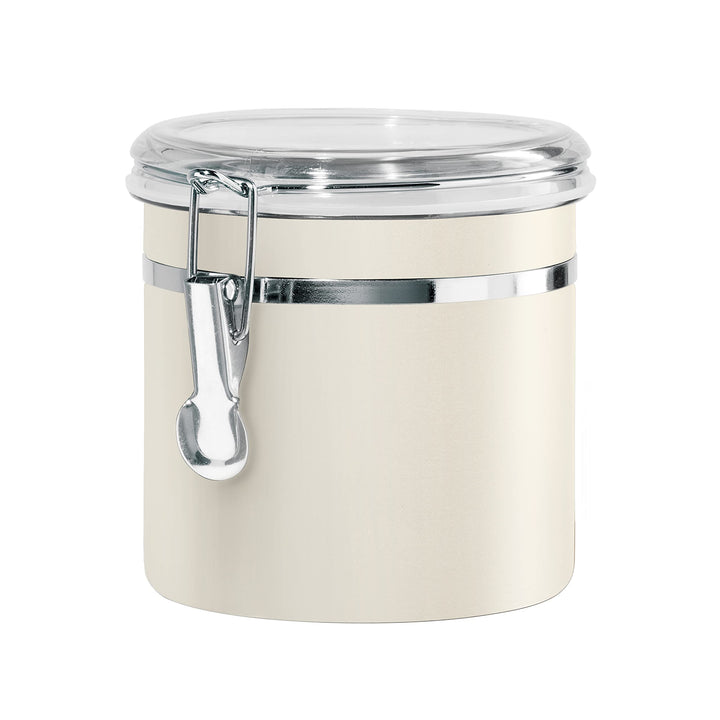 Oggi Stainless Steel Kitchen Canister 36 fl oz, Gray - Airtight Clamp Lid, Clear See-Thru Top - Ideal for Kitchen Storage, Food Storage, Pantry Storage. Size 4.75" H x 5" W (including Lid). Warm Gray 36-ounce Airtight Canister