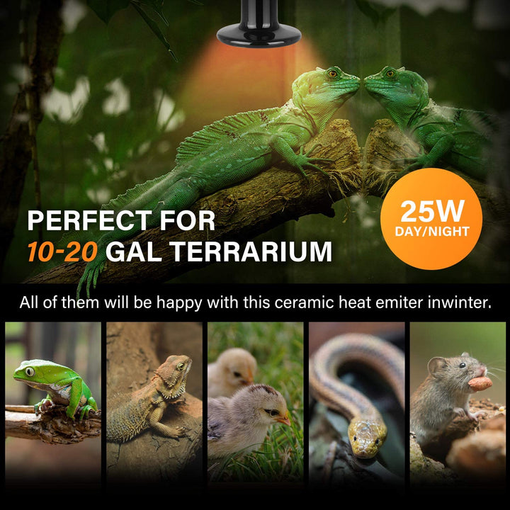 Simple Deluxe 25W/40W/50W/60W/100W/150W Ceramic Heat Emitter Reptile Heat Lamp Bulb No Light Emitting Brooder Coop Heater for Amphibian Pet & Incubating Chicken, Black/2-Pack, 25W 25 Watts