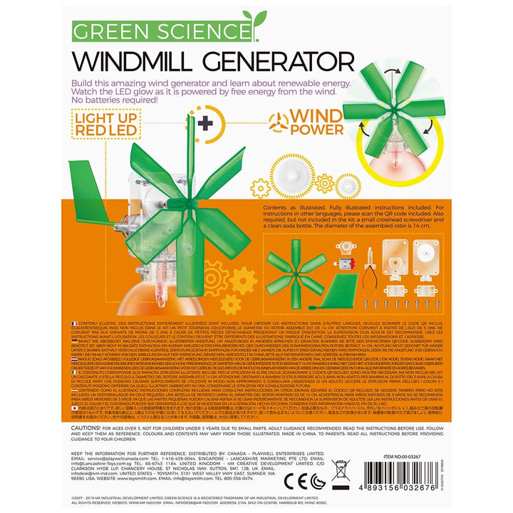 4M Toysmith, Green Science Windmill Generator Kit, DIY Science Kit With LED Lights, For Boys & Girls Ages 8+ (Packaging May Vary)