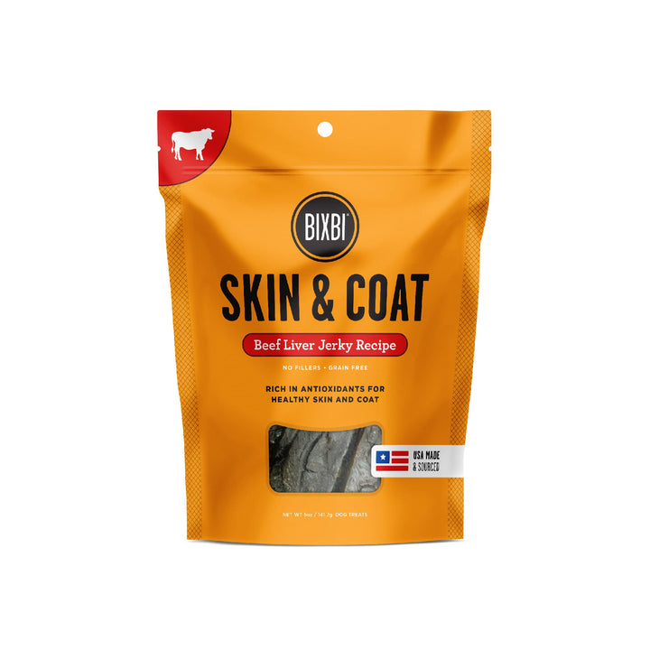 BIXBI Skin & Coat Support Beef Liver Jerky Dog Treats, 5 Oz - USA Made Grain Free Dog Treats - Antioxidant Rich To Support Shiny, Full Bodied Coats - High In Protein, Whole Food Nutrition, No Fillers