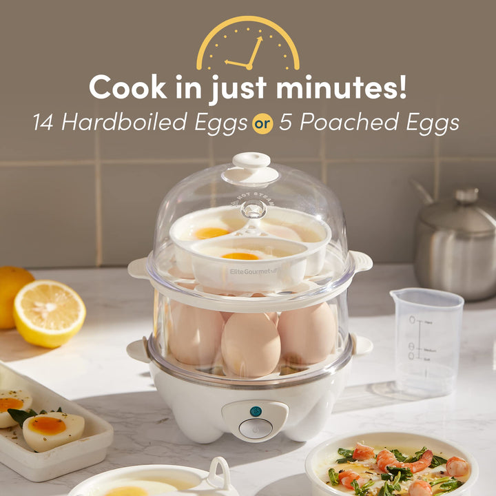 Elite Gourmet EGC1405W 2-Tiered Rapid Egg Cooker, 5-Egg Poacher, Omelets, Soft, Medium, Hard-Boiled Eggs with Auto Shut-Off and Buzzer, BPA Free, 14 eggs, White 14 Egg