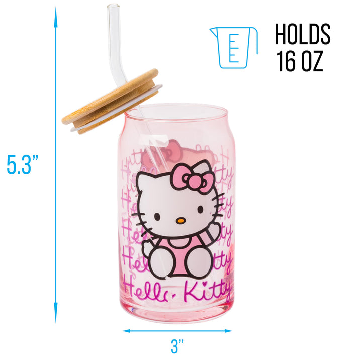 Silver Buffalo Sanrio Hello Kitty Glass Tumbler with Bamboo Lid and Glass Straw, 16 Ounces Multicolor