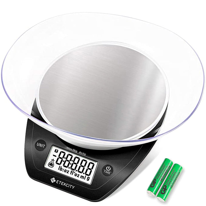 Etekcity 0.1g Food Scale, Bowl, Digital Grams and Ounces for Weight Loss, Dieting, Baking, Cooking, and Meal Prep, 11lb/5kg, Stainless Steel Black